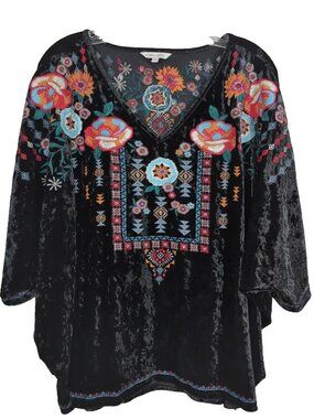 John Mark Blouse Womens S/M Black Velvet Embroidered Floral Boho Kimono Top